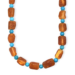 Baltic Amber and Coral Necklace in Platinum Bond 20 Inches