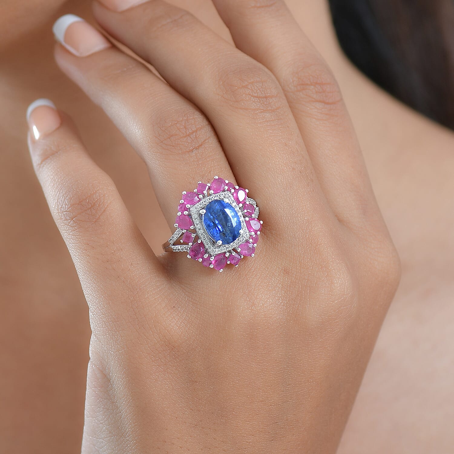 D'Joy Kashmir Kyanite and Multi Gemstone 6.40 ctw Imperial Bloom Ring in Sterling Silver (Size 10.0)