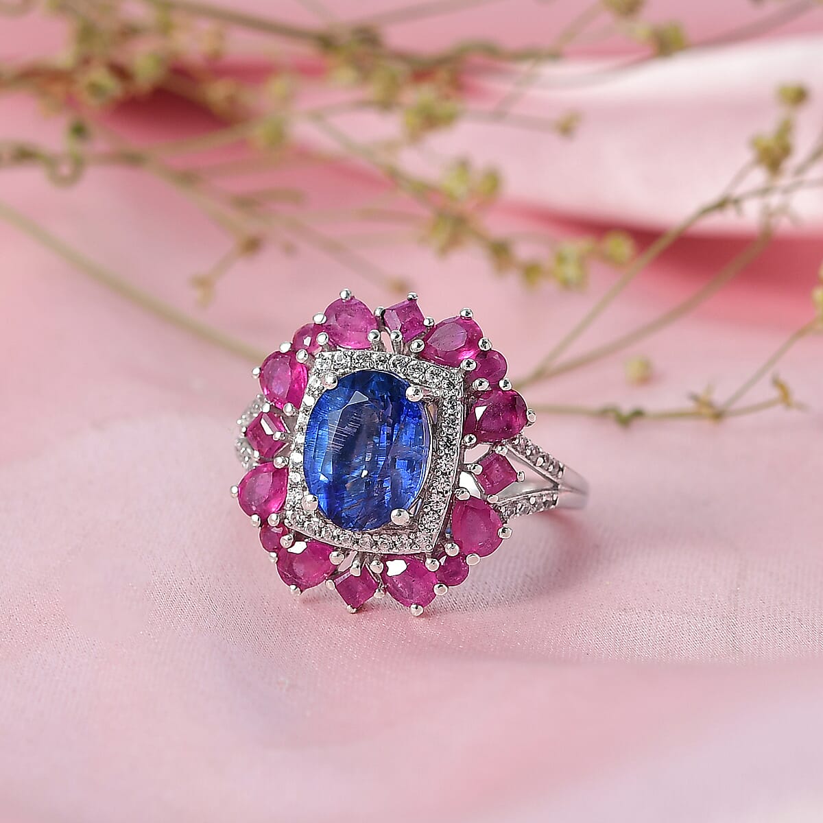 D'Joy Kashmir Kyanite and Multi Gemstone 6.40 ctw Imperial Bloom Ring in Sterling Silver (Size 6.0) image number 1