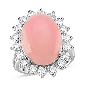 D'Joy Pink Conch Shell and White Zircon 11.04 ctw Ring in Rhodium Over Sterling Silver (Size 9)