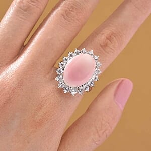 D'Joy Pink Conch Shell and White Zircon 11.04 ctw Ring in Rhodium Over Sterling Silver (Size 9)