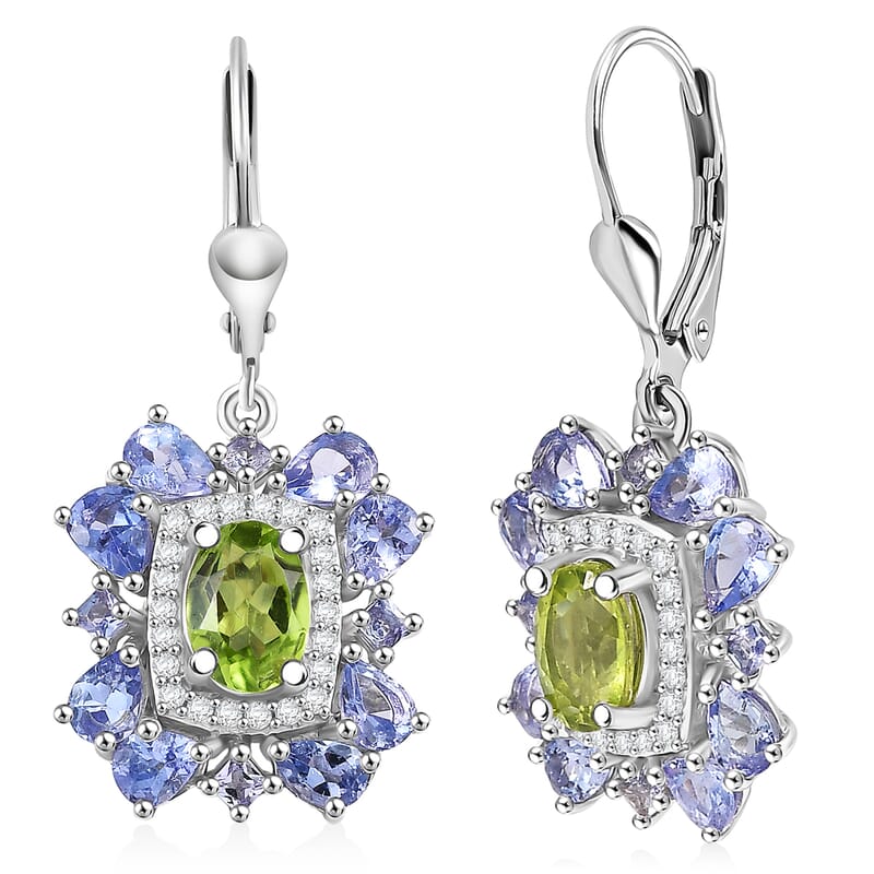 D'Joy Hebei Peridot and Multi Gemstone 4.65 ctw Imperial Bloom Earrings in Rhodium Over Sterling Silver