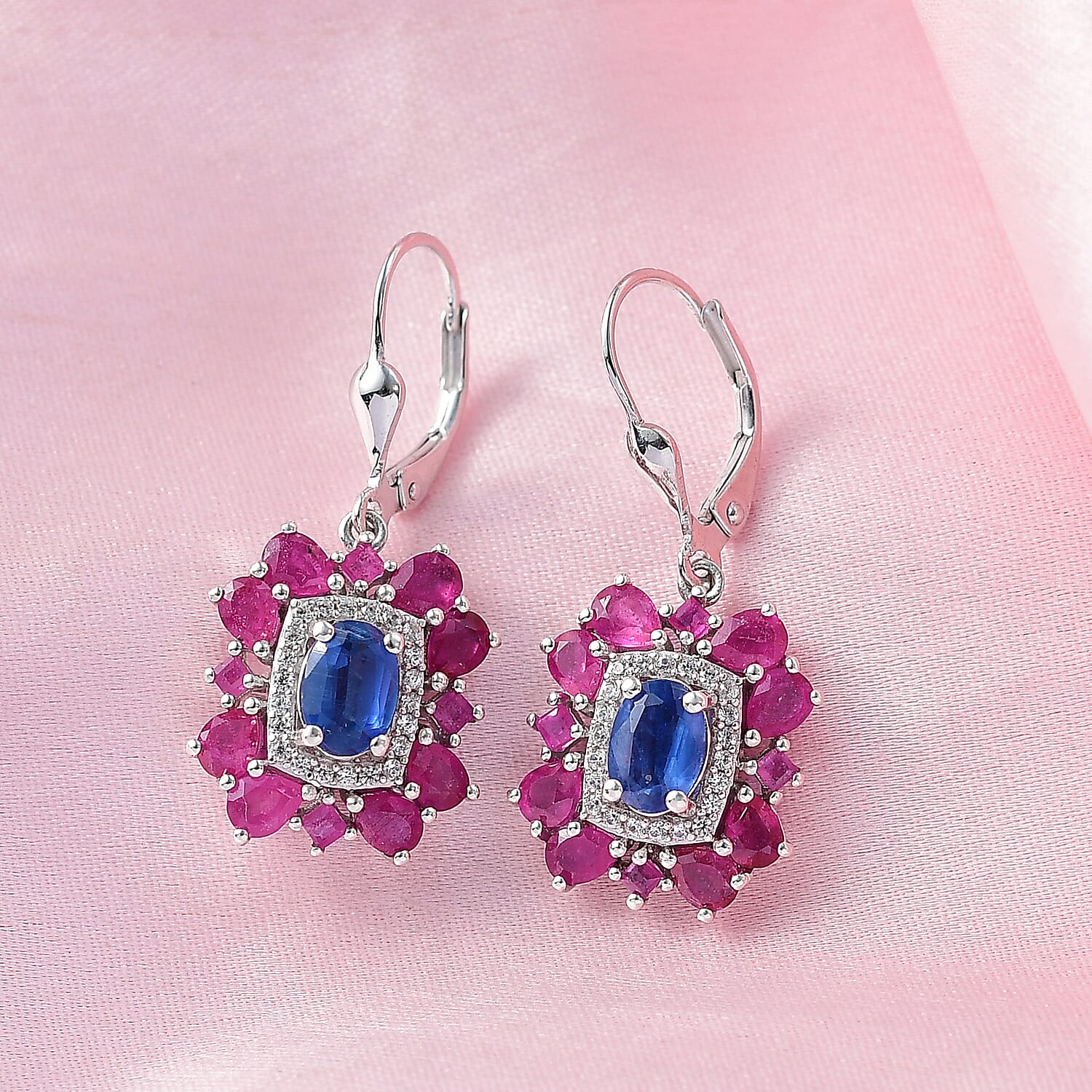 D'Joy Kashmir Kyanite and Multi Gemstone 6.30 ctw Imperial Bloom Earrings in Rhodium Over Sterling Silver