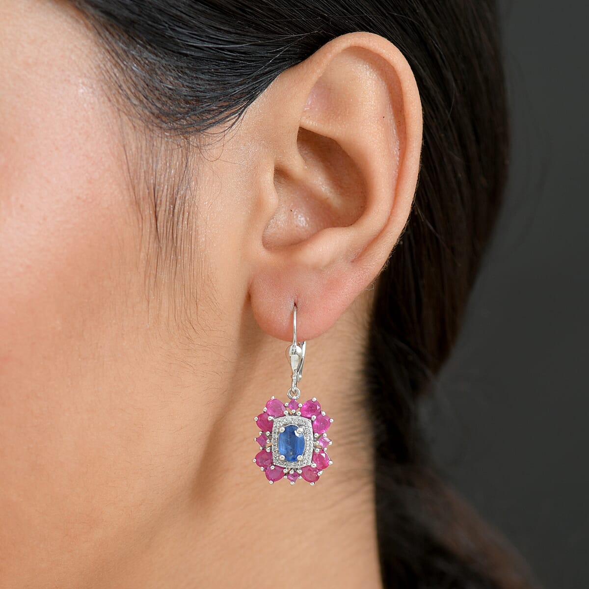  D'Joy Kashmir Kyanite and Multi Gemstone 6.30 ctw Imperial Bloom Earrings in Rhodium Over Sterling Silver image number 2