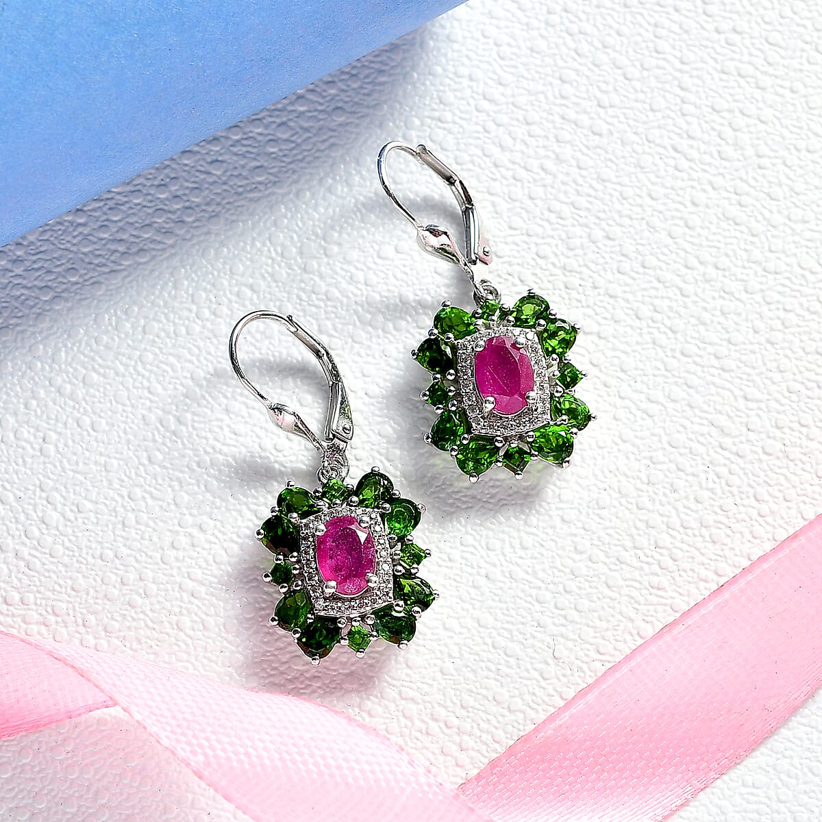  D'Joy Niassa Ruby (FF) and Multi Gemstone 5.80 ctw Imperial Bloom Earrings in Rhodium Over Sterling Silver image number 1