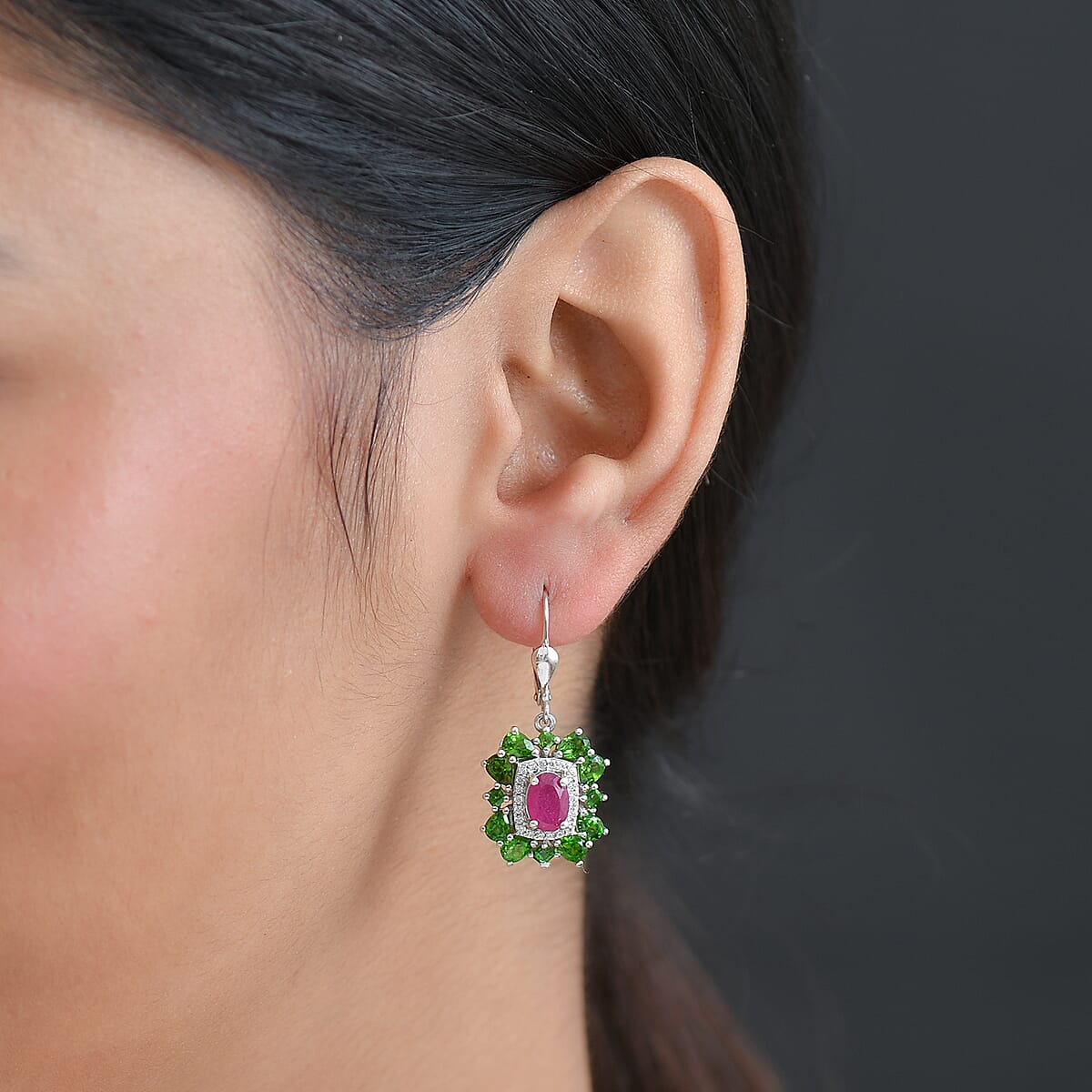  D'Joy Niassa Ruby (FF) and Multi Gemstone 5.80 ctw Imperial Bloom Earrings in Rhodium Over Sterling Silver image number 2