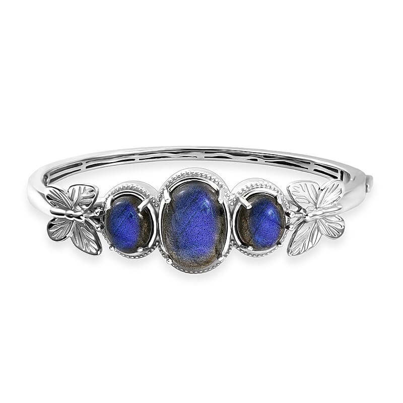 EverTrue Malagasy Labradorite 22.00 ctw Midnight Wings Bangle Bracelet in Platinum Bond (7.25 In)