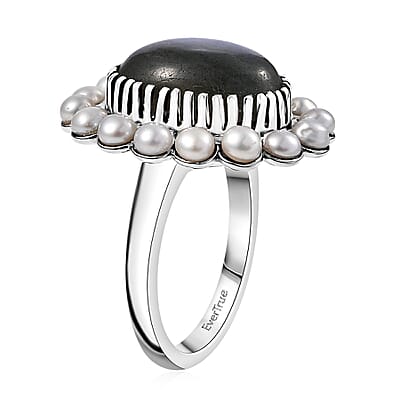 EverTrue AAA Malagasy Labradorite and Freshwater Pearl 6.30 ctw Pearl Eclipse Ring in Platinum Bond (Size 10.0)