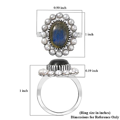 EverTrue AAA Malagasy Labradorite and Freshwater Pearl 6.30 ctw Pearl Eclipse Ring in Platinum Bond (Size 10.0)