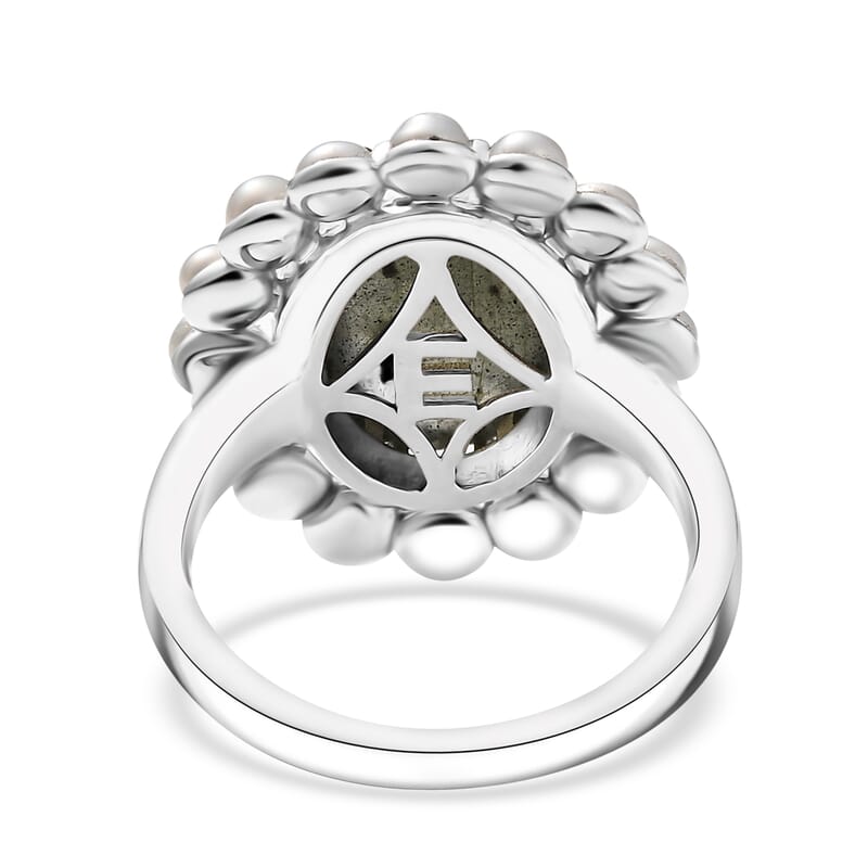 EverTrue AAA Malagasy Labradorite and Freshwater Pearl 6.30 ctw Pearl Eclipse Ring in Platinum Bond (Size 6.0)