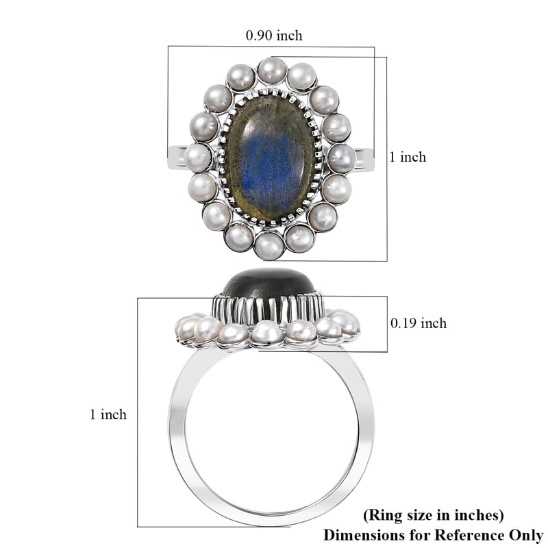 EverTrue AAA Malagasy Labradorite and Freshwater Pearl 6.30 ctw Pearl Eclipse Ring in Platinum Bond (Size 6.0)
