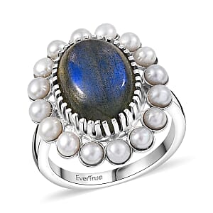 EverTrue AAA Malagasy Labradorite, Freshwater Pearl Ring in Platinum Bond 6.30 ctw (Size 9.0)