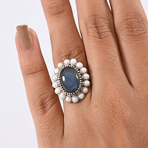 EverTrue AAA Malagasy Labradorite, Freshwater Pearl Ring in Platinum Bond 6.30 ctw (Size 9.0)