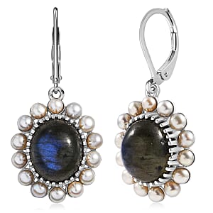 EverTrue AAA Malagasy Labradorite and Pearl 7.80 ctw Earrings in Platinum Bond