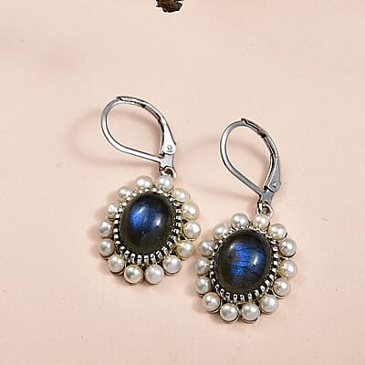EverTrue AAA Malagasy Labradorite, Freshwater Pearl Earrings in Platinum Bond 7.80 ctw
