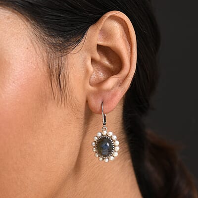 EverTrue AAA Malagasy Labradorite, Freshwater Pearl Earrings in Platinum Bond 7.80 ctw