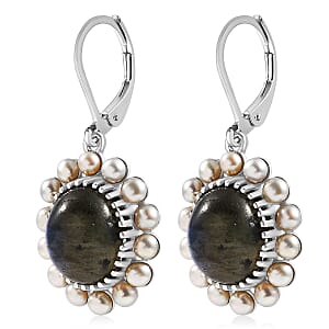 EverTrue AAA Malagasy Labradorite, Pearl Earrings in Platinum Bond 7.80 ctw