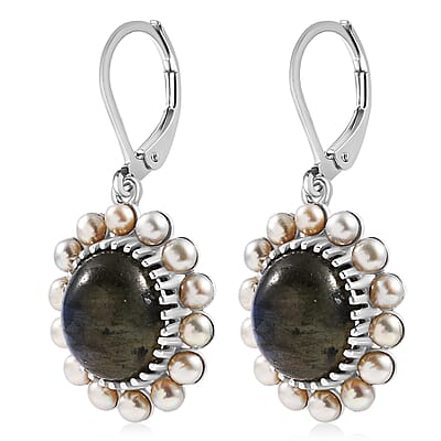 EverTrue AAA Malagasy Labradorite, Freshwater Pearl Earrings in Platinum Bond 7.80 ctw