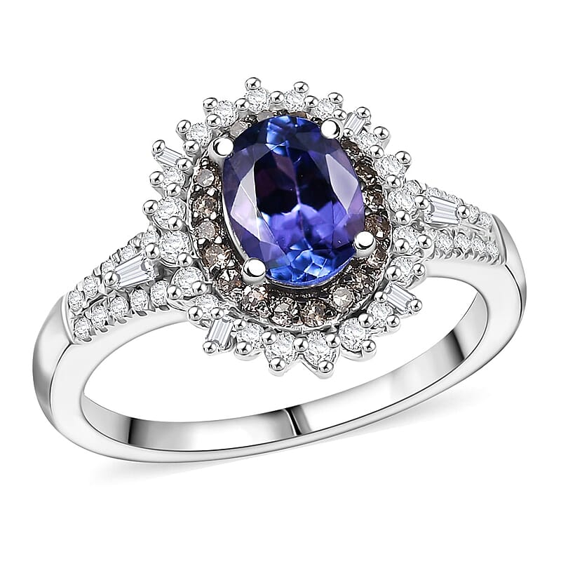 D'Joy Premium Tanzanite, Natural Champagne and White Diamond 1.60 ctw Sunburst Halo Ring in Rhodium Over Sterling Silver (Size 6.0)