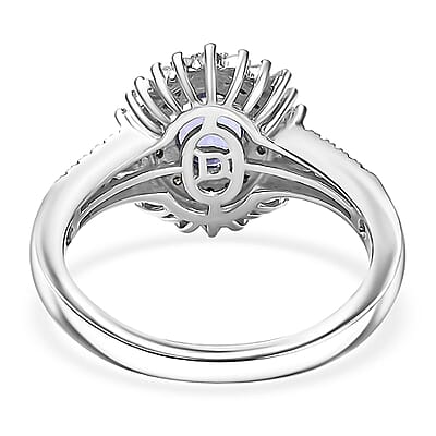 D'Joy Premium Tanzanite, Natural Champagne and White Diamond 1.60 ctw Sunburst Halo Ring in Rhodium Over Sterling Silver (Size 6.0)