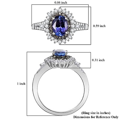 D'Joy Premium Tanzanite, Natural Champagne and White Diamond 1.60 ctw Sunburst Halo Ring in Rhodium Over Sterling Silver (Size 6.0)