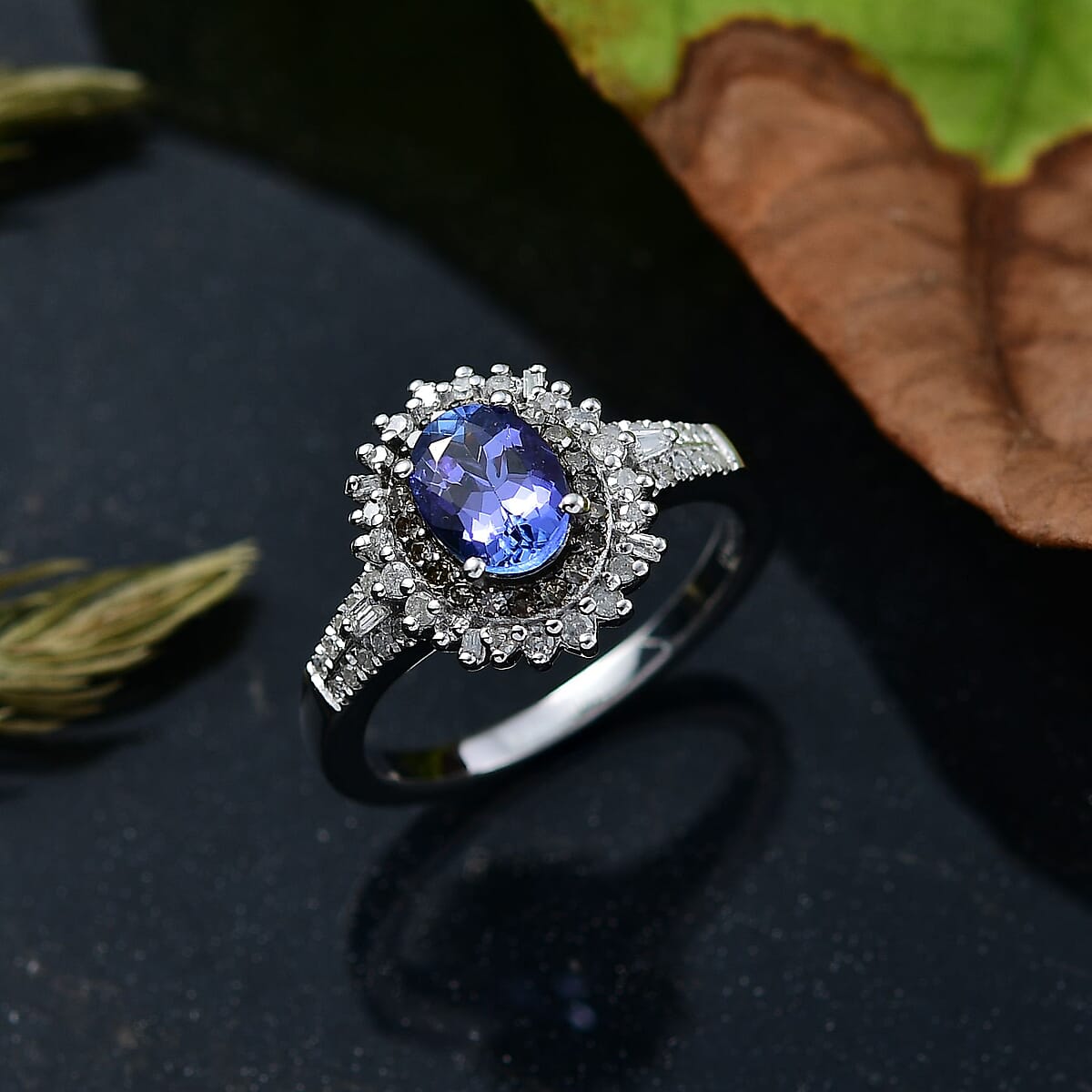 D'Joy Premium Tanzanite, Natural Champagne and White Diamond 1.60 ctw Sunburst Halo Ring in Rhodium Over Sterling Silver (Size 7.0) image number 1