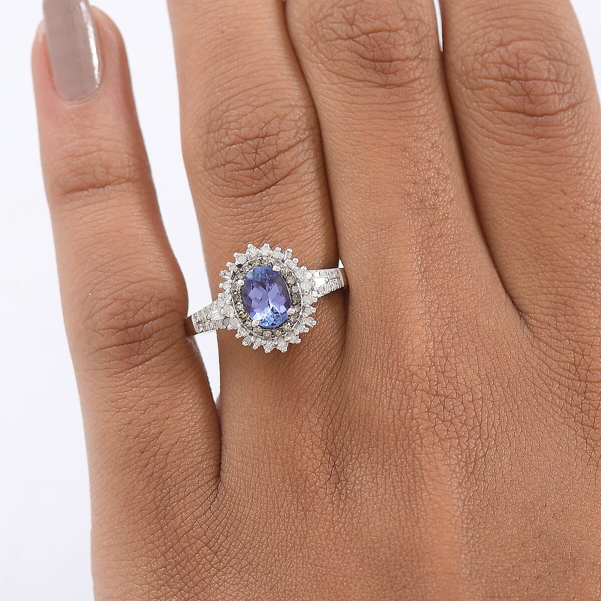 D'Joy Premium Tanzanite, Natural Champagne and White Diamond 1.60 ctw Sunburst Halo Ring in Rhodium Over Sterling Silver (Size 7.0) image number 2