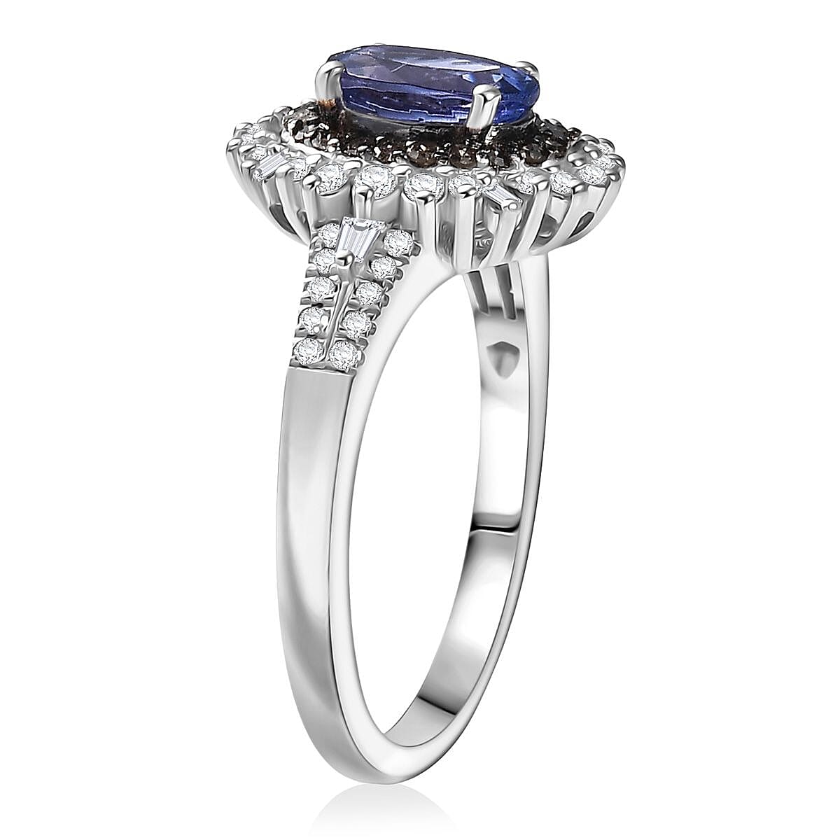 D'Joy Premium Tanzanite, Natural Champagne and White Diamond 1.60 ctw Sunburst Halo Ring in Rhodium Over Sterling Silver (Size 7.0) image number 3