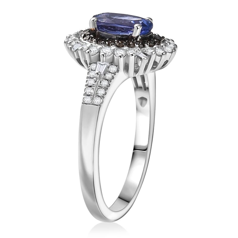 D'Joy Premium Tanzanite, Natural Champagne and White Diamond 1.60 ctw Sunburst Halo Ring in Rhodium Over Sterling Silver (Size 7.0)