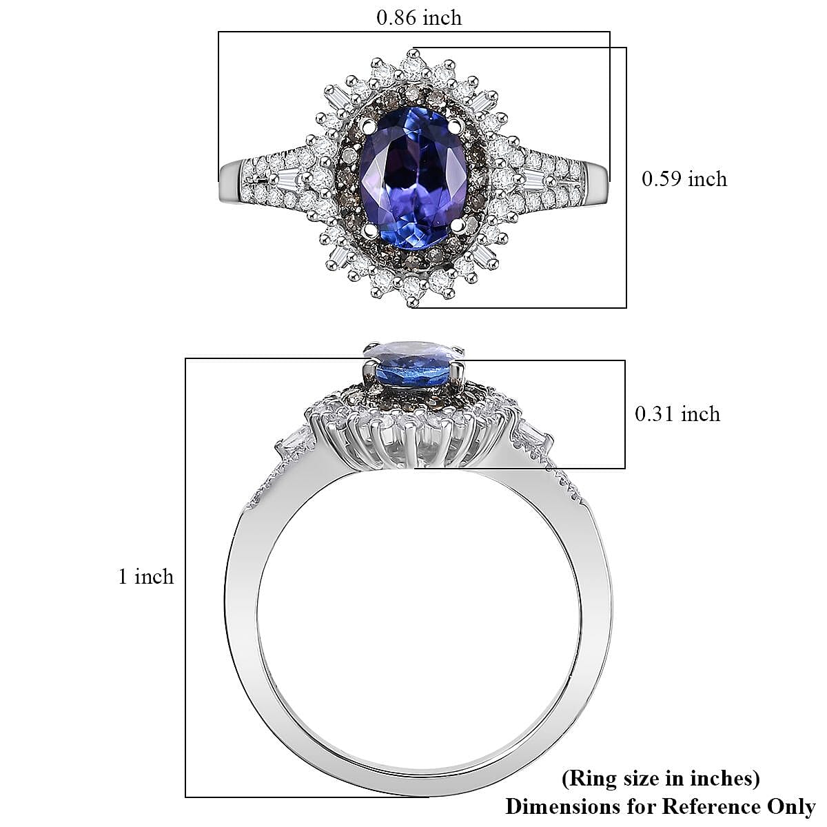 D'Joy Premium Tanzanite, Natural Champagne and White Diamond 1.60 ctw Sunburst Halo Ring in Rhodium Over Sterling Silver (Size 7.0) image number 5