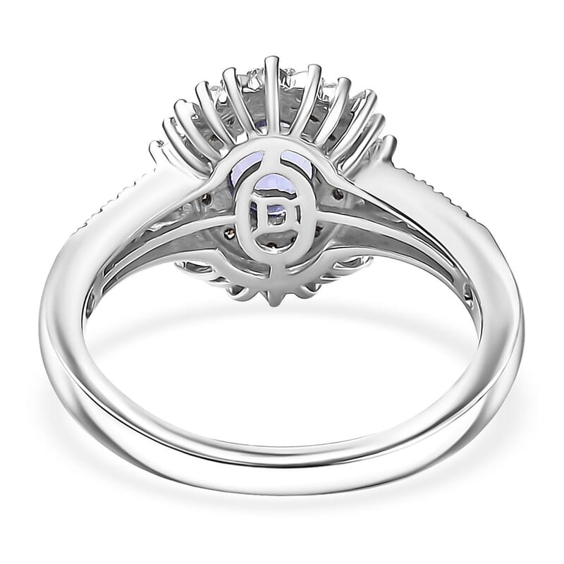 D'Joy Premium Tanzanite, Natural Champagne and White Diamond 1.60 ctw Sunburst Halo Ring in Rhodium Over Sterling Silver (Size 8.0)