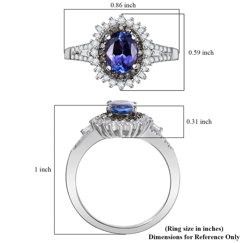 D'Joy Premium Tanzanite, Natural Champagne and White Diamond 1.60 ctw Sunburst Halo Ring in Rhodium Over Sterling Silver (Size 8.0)