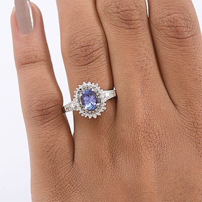 D'Joy Premium Tanzanite, Natural Champagne and White Diamond 1.60 ctw Sunburst Halo Ring in Rhodium Over Sterling Silver (Size 9.0)