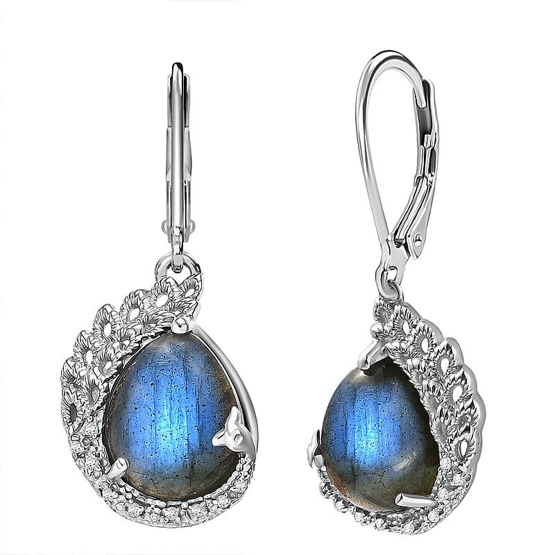 EverTrue Malagasy Labradorite, White Zircon Earrings in Platinum Bond 16.90 ctw