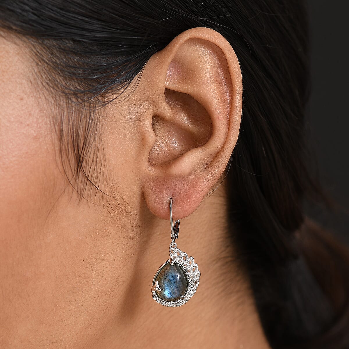 EverTrue Malagasy Labradorite and White Zircon 16.90 ctw Earrings in Platinum Bond image number 2