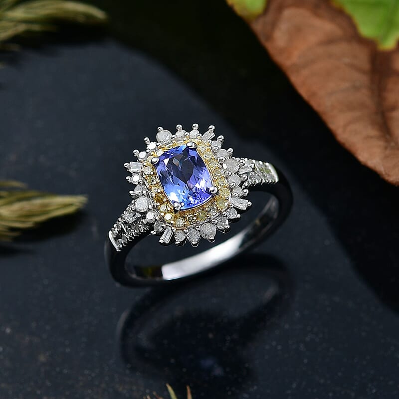 D'Joy Premium Tanzanite, Natural Yellow and White Diamond 1.30 ctw Sunburst Halo Ring in Rhodium Over Sterling Silver (Size 10.0)