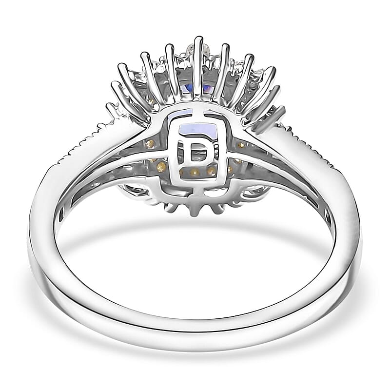 D'Joy Premium Tanzanite, Natural Yellow and White Diamond 1.30 ctw Sunburst Halo Ring in Rhodium Over Sterling Silver (Size 10.0)
