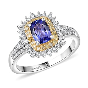 D'Joy Premium Tanzanite, Natural Yellow and White Diamond 1.30 ctw Sunburst Halo Ring in Rhodium Over Sterling Silver (Size 7.0)