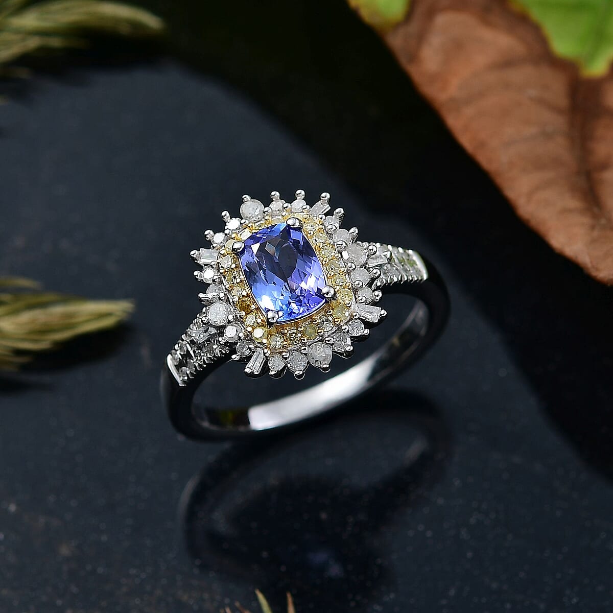 D'Joy Premium Tanzanite, Natural Yellow and White Diamond 1.30 ctw Sunburst Halo Ring in Rhodium Over Sterling Silver (Size 7.0) image number 1