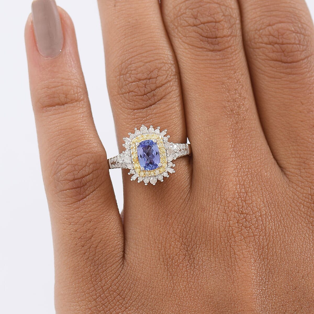 D'Joy Premium Tanzanite, Natural Yellow and White Diamond 1.30 ctw Sunburst Halo Ring in Rhodium Over Sterling Silver (Size 7.0) image number 2