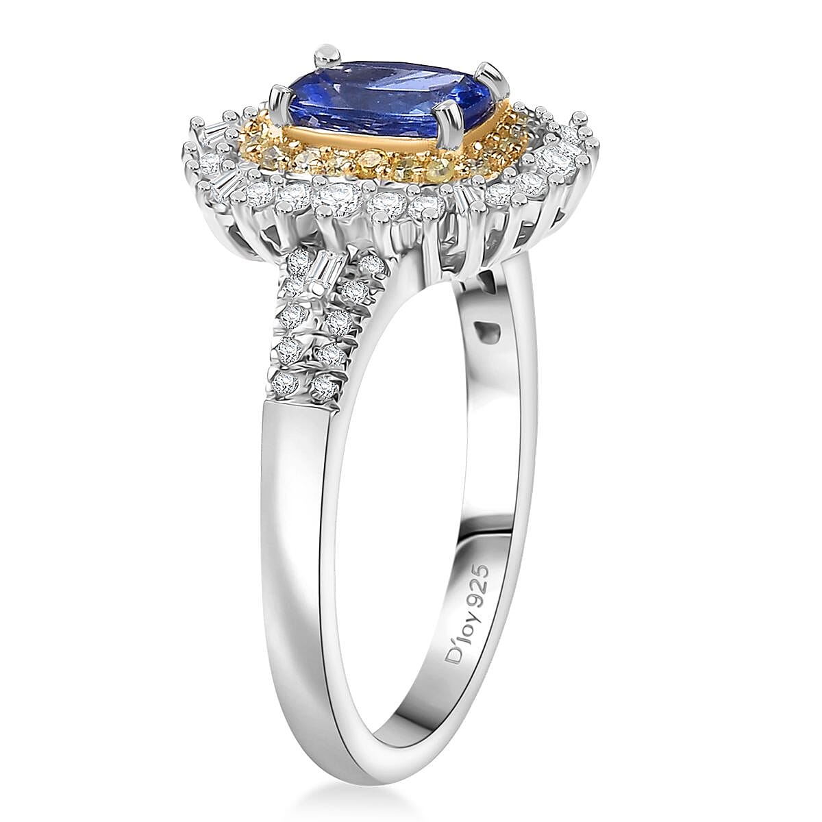 D'Joy Premium Tanzanite, Natural Yellow and White Diamond 1.30 ctw Sunburst Halo Ring in Rhodium Over Sterling Silver (Size 7.0) image number 3