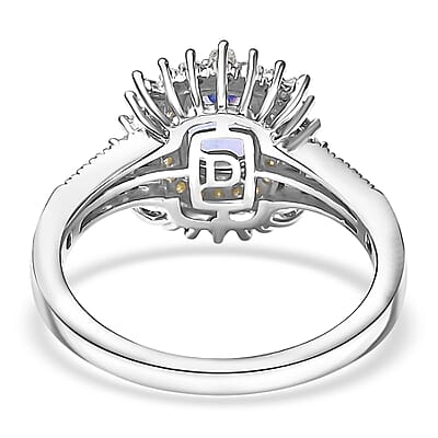 D'Joy Premium Tanzanite, Natural Yellow and White Diamond 1.30 ctw Sunburst Halo Ring in Rhodium Over Sterling Silver (Size 7.0)