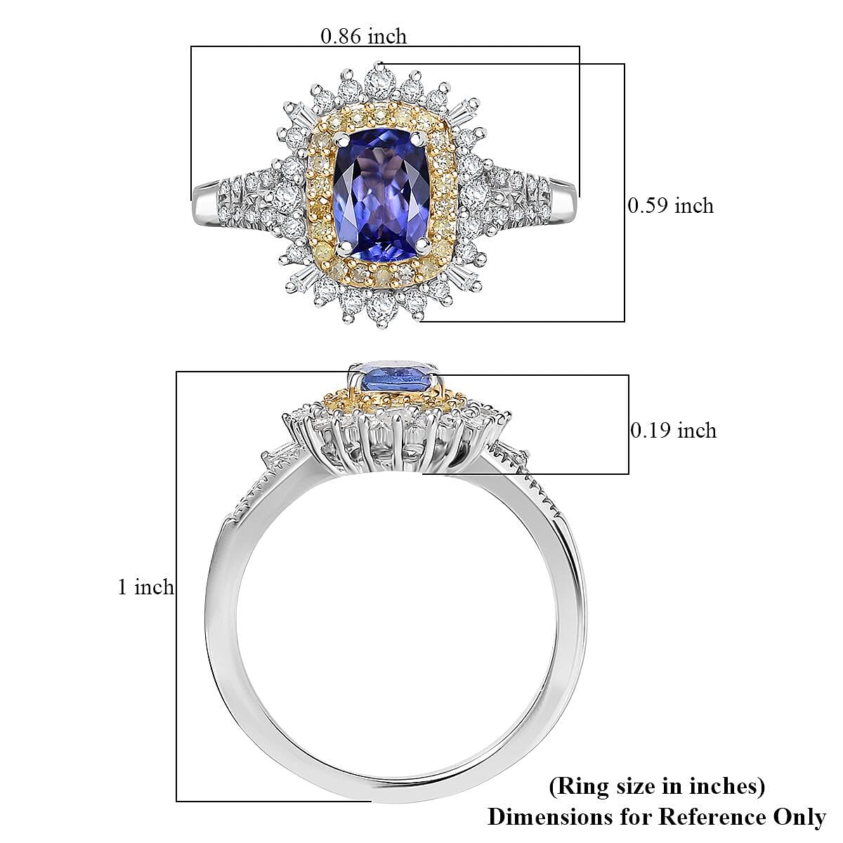 D'Joy Premium Tanzanite, Natural Yellow and White Diamond 1.30 ctw Sunburst Halo Ring in Rhodium Over Sterling Silver (Size 7.0) image number 5