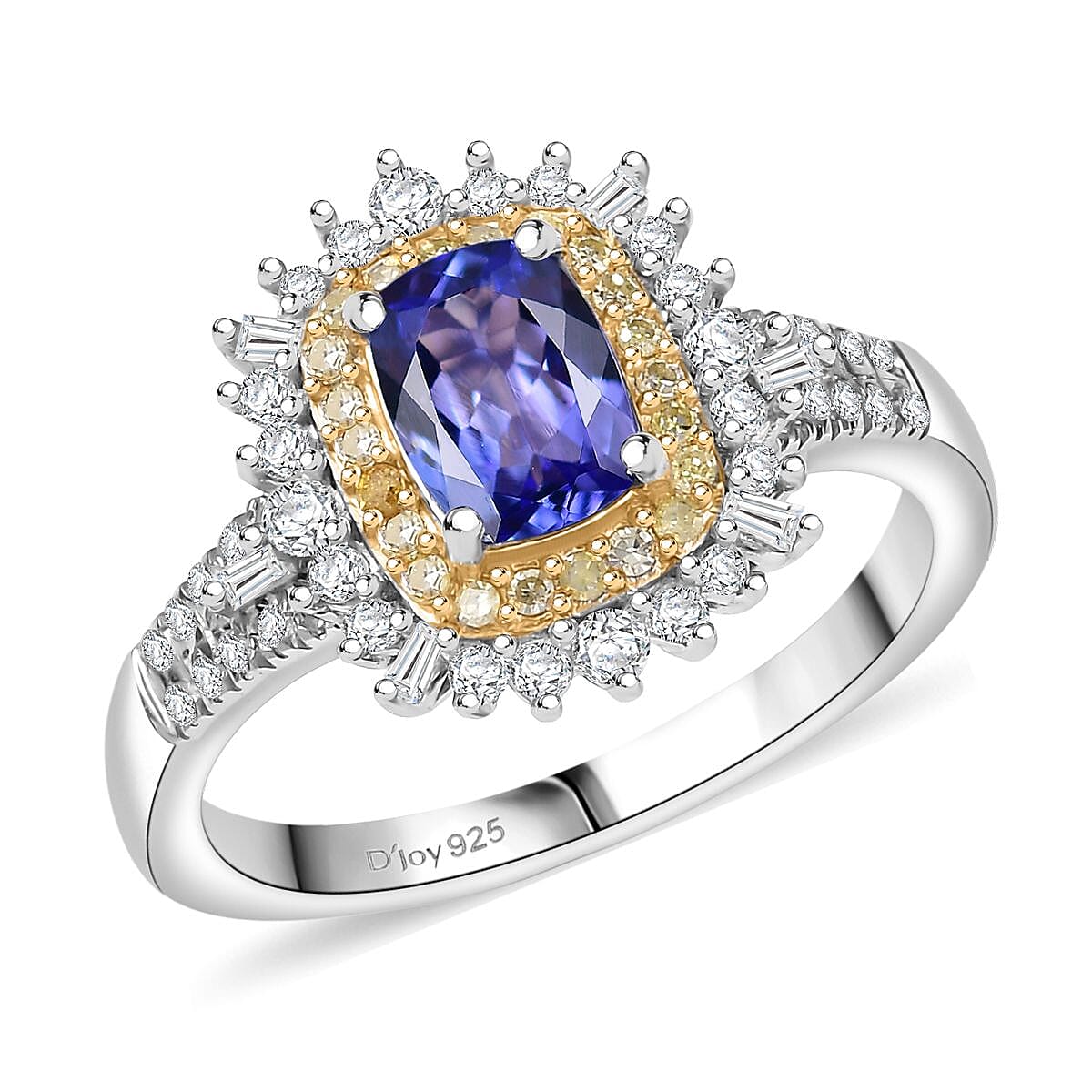 D'Joy Premium Tanzanite, Natural Champagne and White Diamond 1.60 ctw Ring in Rhodium Over Sterling Silver
