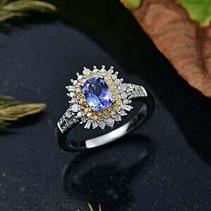 D'Joy Premium Tanzanite, Natural Yellow and White Diamond 1.30 ctw Sunburst Halo Ring in Rhodium Over Sterling Silver (Size 8.0)