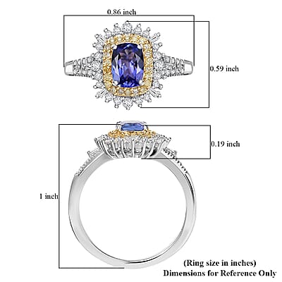 D'Joy Premium Tanzanite, Natural Yellow and White Diamond 1.30 ctw Sunburst Halo Ring in Rhodium Over Sterling Silver (Size 8.0)