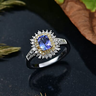 D'Joy Premium Tanzanite, Natural Yellow and White Diamond 1.30 ctw Sunburst Halo Ring in Rhodium Over Sterling Silver (Size 9.0)