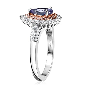 D'Joy Premium Tanzanite, Natural Pink and White Diamond 1.35 ctw Sunburst Halo Ring in Rhodium Over Sterling Silver (Size 10.0)