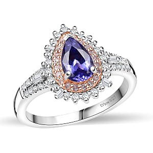 D'Joy Premium Tanzanite, Natural Pink and White Diamond 1.35 ctw Sunburst Halo Ring in Rhodium Over Sterling Silver (Size 7.0)
