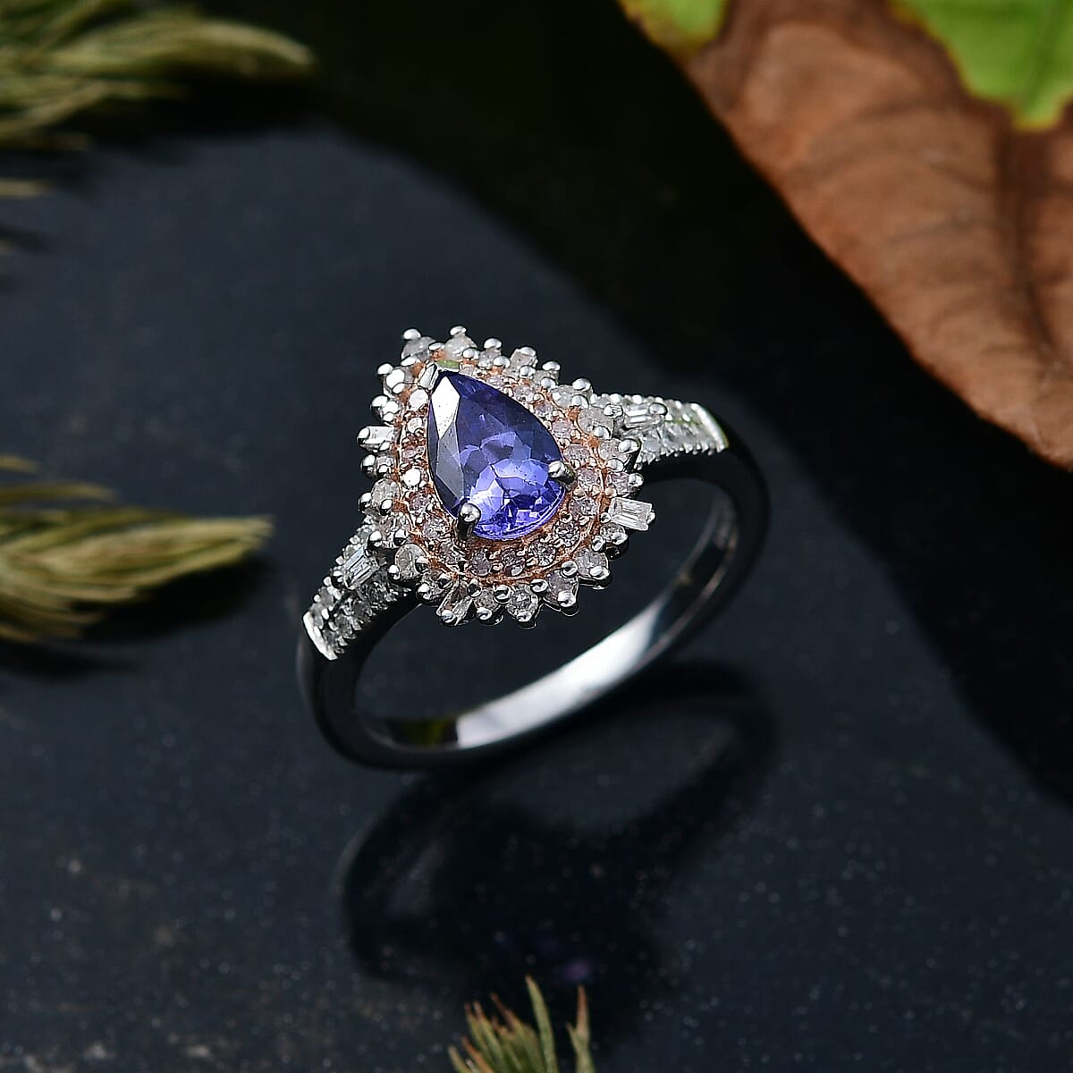 D'Joy Premium Tanzanite, Natural Pink and White Diamond 1.35 ctw Sunburst Halo Ring in Rhodium Over Sterling Silver (Size 7.0) image number 1